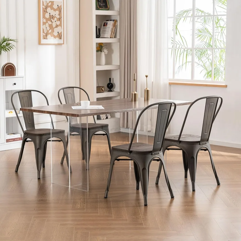 

Metal Patio Dining Chair Set of 4 Rusty Grey Stackable Industrial Vintage Kitchen Chairs Indoor Classic Bistro Cafe Side Chairs