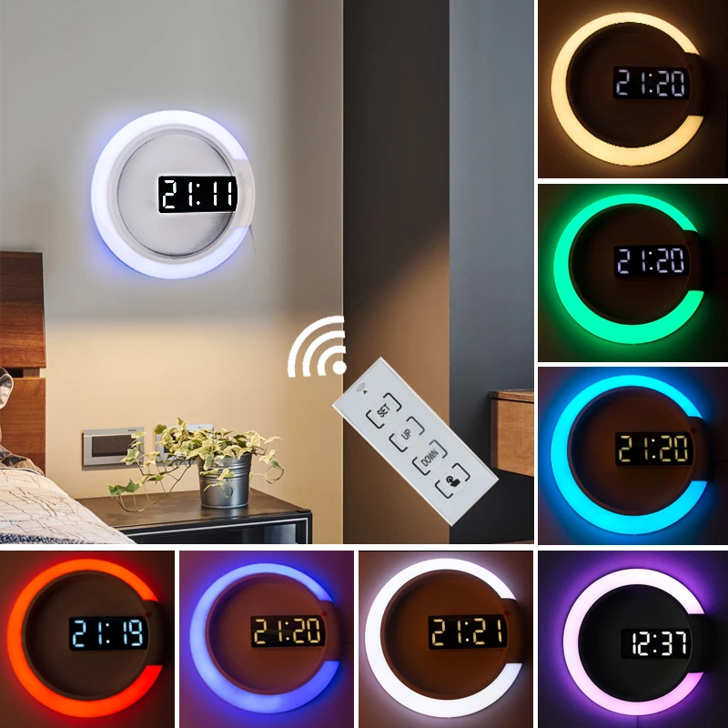 3D LED Mirror Hollow Wall Clock Modern Thermometer Remote Control  Alarm Clock Can Switch 7 Colors Clock  For Home Living Room