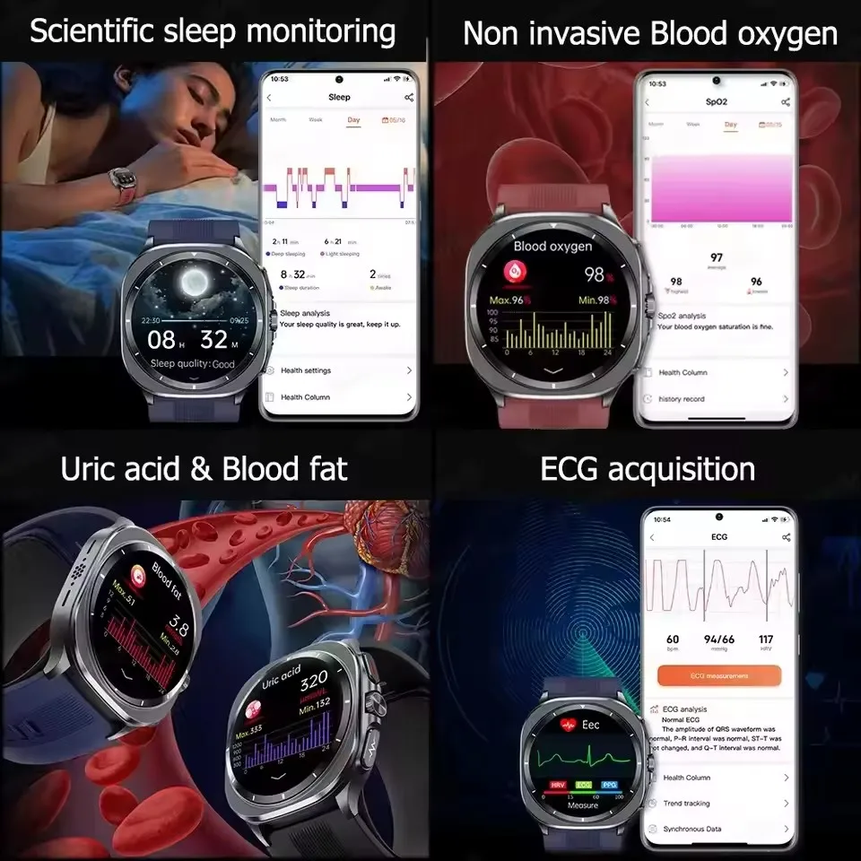 2025年最新 Android Watch エアポンプ エアバッグ スマートウォッチ メンズ 466*466 AMOLED 正確な測定 ECG 脂質-尿酸 健康 スマートウォッチ