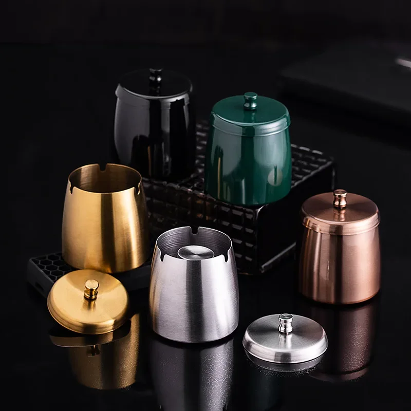 Thickened Stainless Steel Ashtray Heightened with Cover Small Windproof Smoke Column Creative Personality Gift Wholesale Gifts