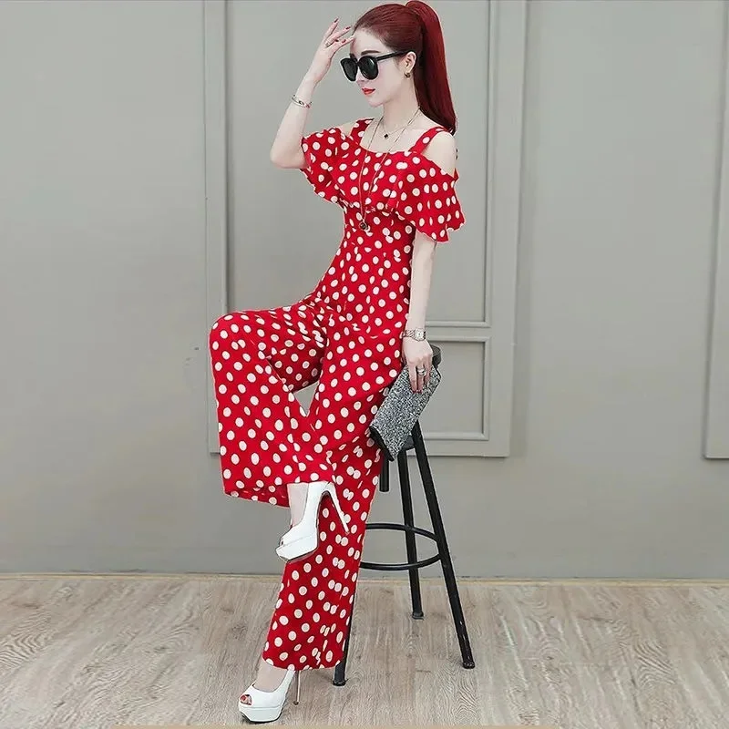Donne coreane in chiffon onda punto pantaloni a gamba larga 2025 moda femminile pagliaccetti a maniche corte estate signore bretelle allentate tute
