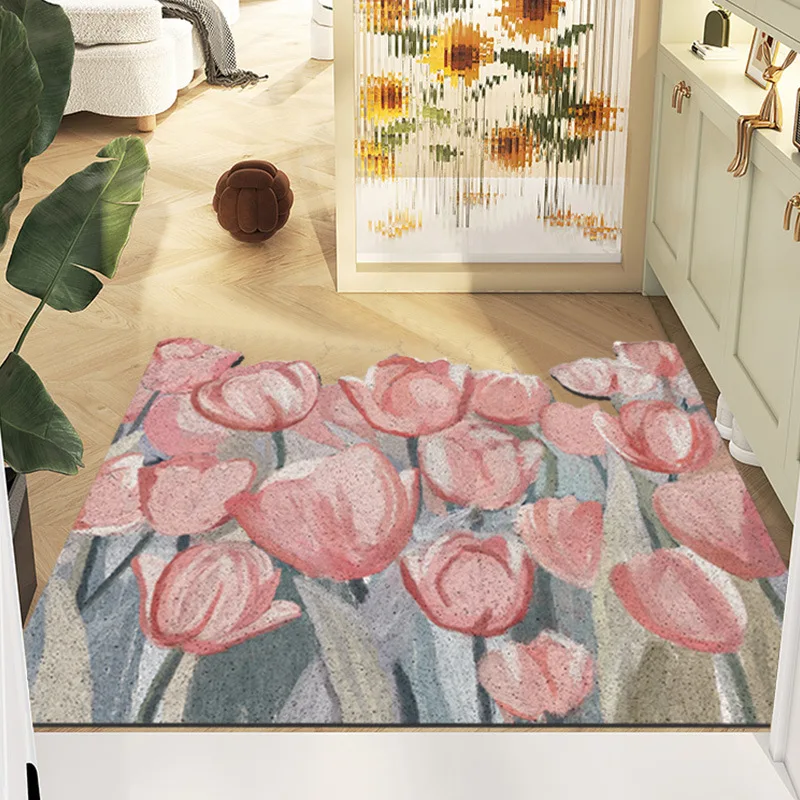 

Придверный коврик в деревенском стиле с тюльпанами, для дома, для удаления пыли, шелковистый круглый коврик, грязезащитный, противоскользящий, в европейском стиле, из ПВХ, машинной вязки