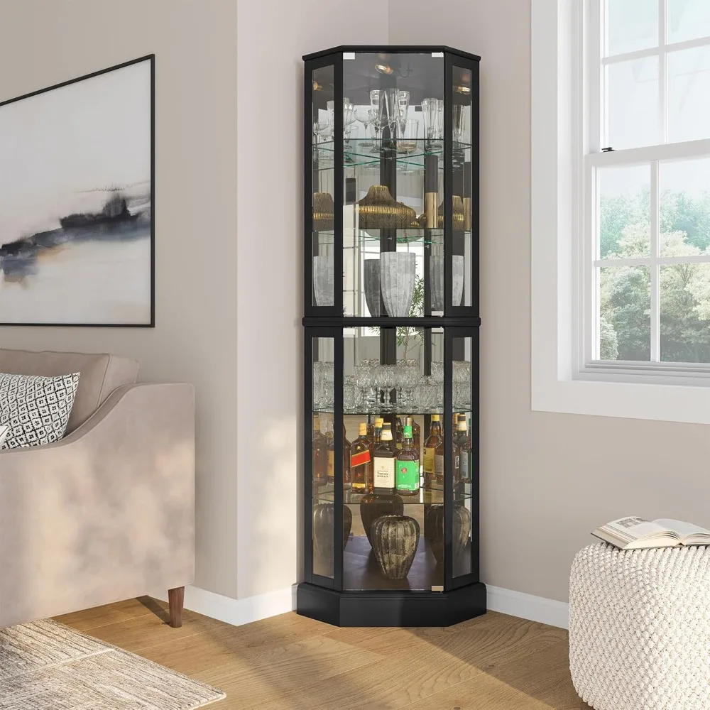 Verlichte 3-zijdige glazen vitrinekast met gebogen houten hoeken, planken van gehard glas en ingebouwde verlichting