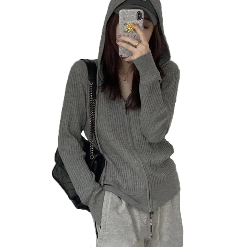 Western style 2022 spring and autumn grey hooded cardigan wool hoodie feminine base loose knit sweater jacket sweater