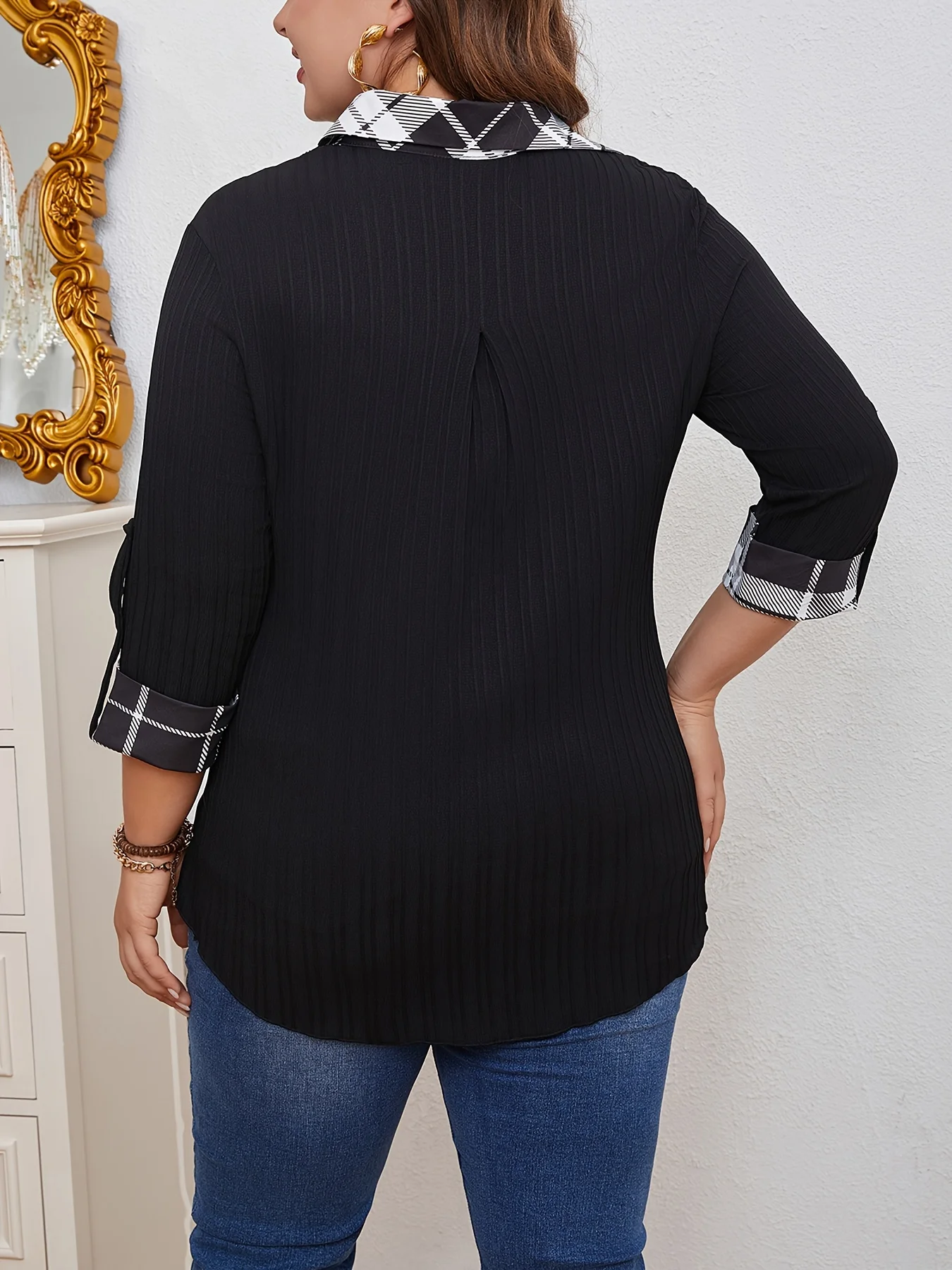 Plus Size Women's Fashionable Button Up Checkered Shirt Women All Season Casual Shirt