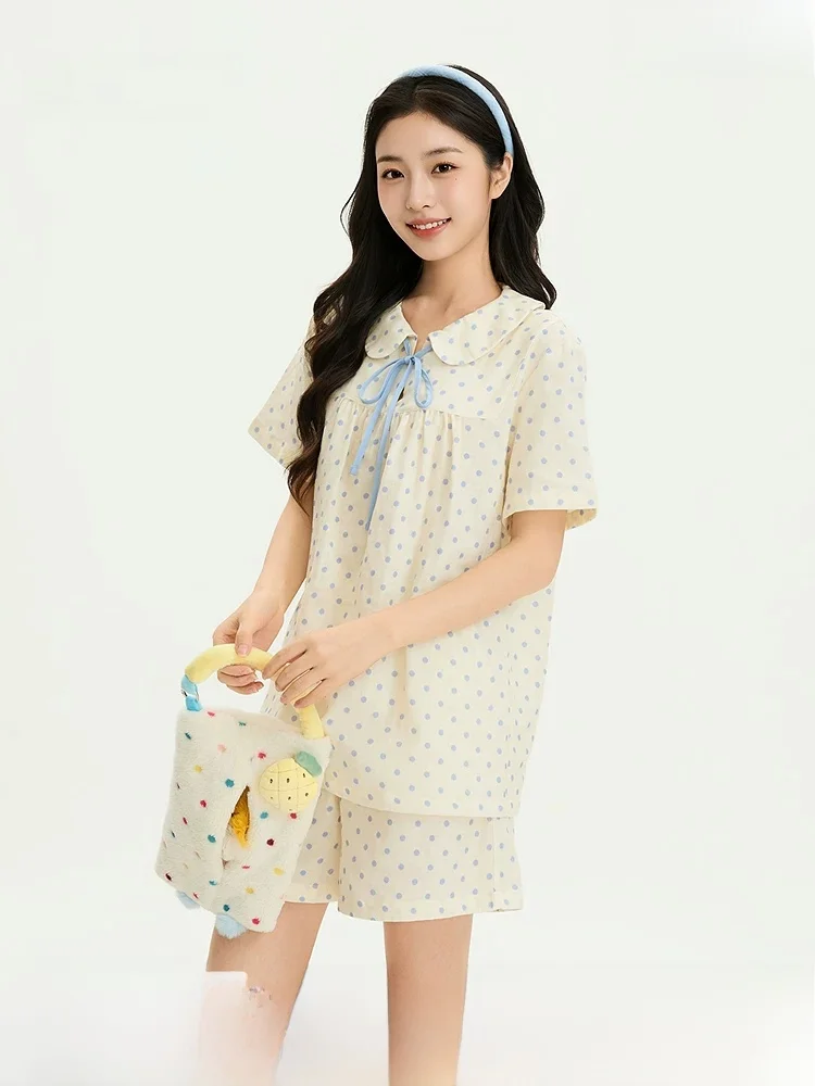 summer-sweet-loose-home-clothes-set-for-women-with-polka-dot-short-sleeve-and-shorts-doll-collar-cotton-pajamas-528255