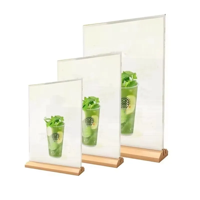 1pcs Clear Acrylic Menu Display Stand Sign Holder With Wooden Base Picture Frame Poster Holder For Restaurants Home Office Store