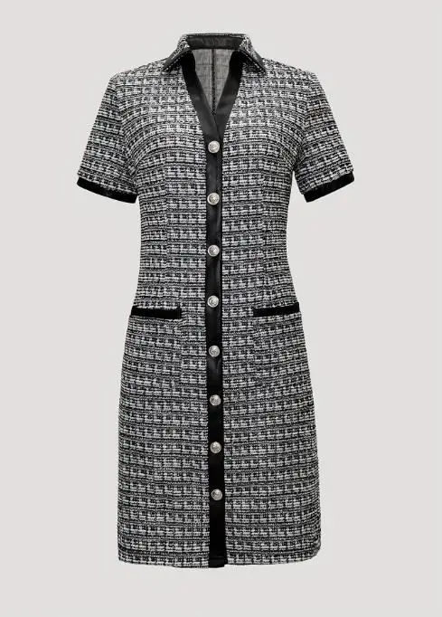 Letnia klasyczna sukienka we wzór szachownicy z żakardowej wełny, z kobiecią elegancją, unikalnym designem, łączona skórą, dopasowana sukienka.