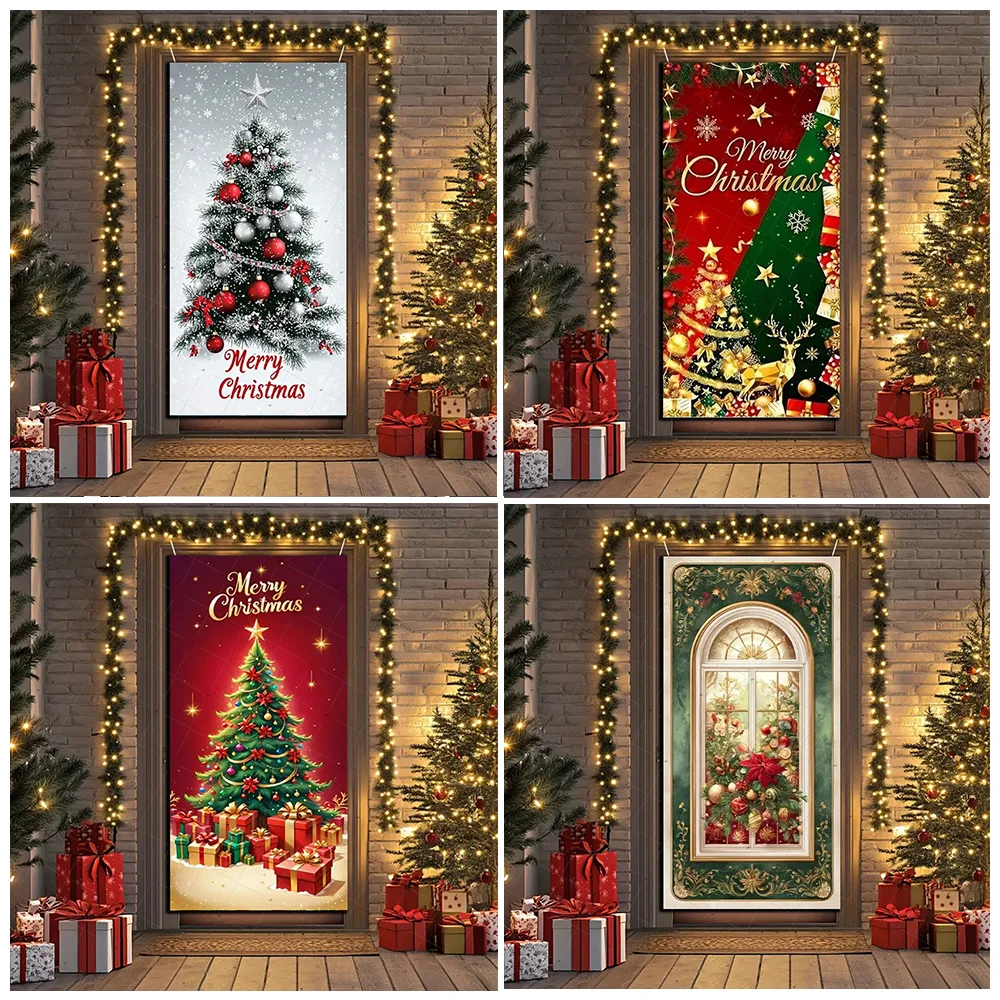 

Merry Christmas Theme Door Cover Background Supplies Xmas Tree Bell Xmas Photography Backdrop Party Decorations Photo Studio