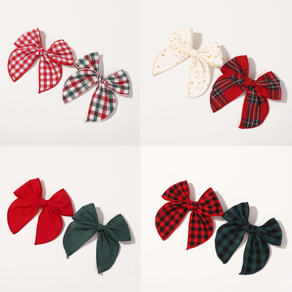 2 Stück Weihnachts-Haarspangen mit karierter Schleife für Babys, 5,7 Zoll, fröhliche Schleife, Haarnadel, klassische handgefertigte Kinder-Haar-Accessoires