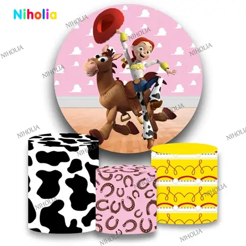 Toy Story – couverture d'arrière-plan ronde rose, décoration de fête d'anniversaire pour enfant, arrière-plan de photographie, accessoires de stand de réception-cadeau pour bébé