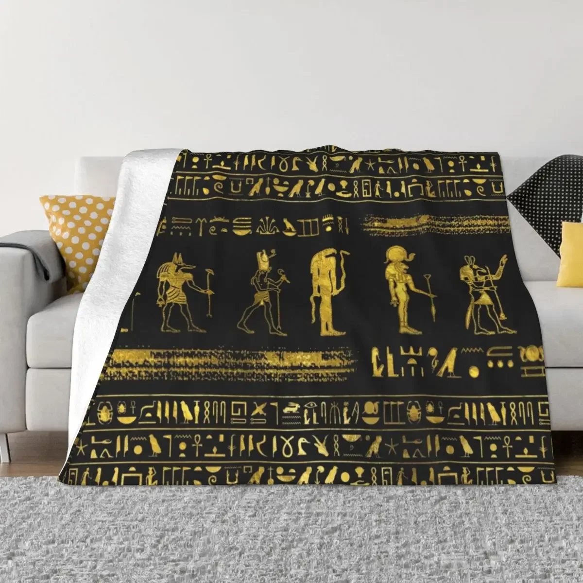 

Golden Egyptian Gods and hieroglyphics on leather Throw Blanket blankets ands Soft Blankets