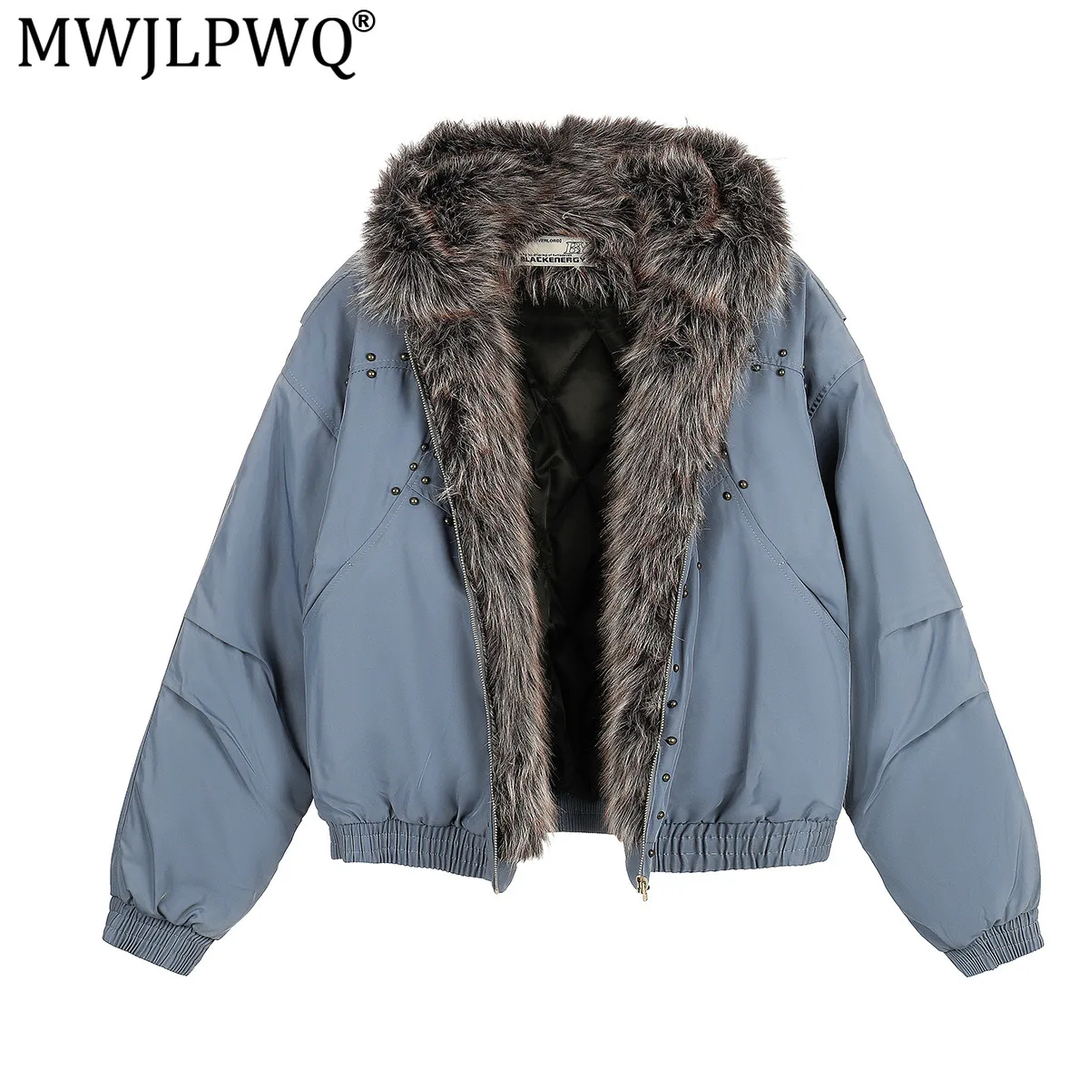 MWJLPWQ American-Style Punk Design Rivets Tops Men's Streetwear Winter Faux Fur Collar Hooded Quilted Cotton Jacket 21366