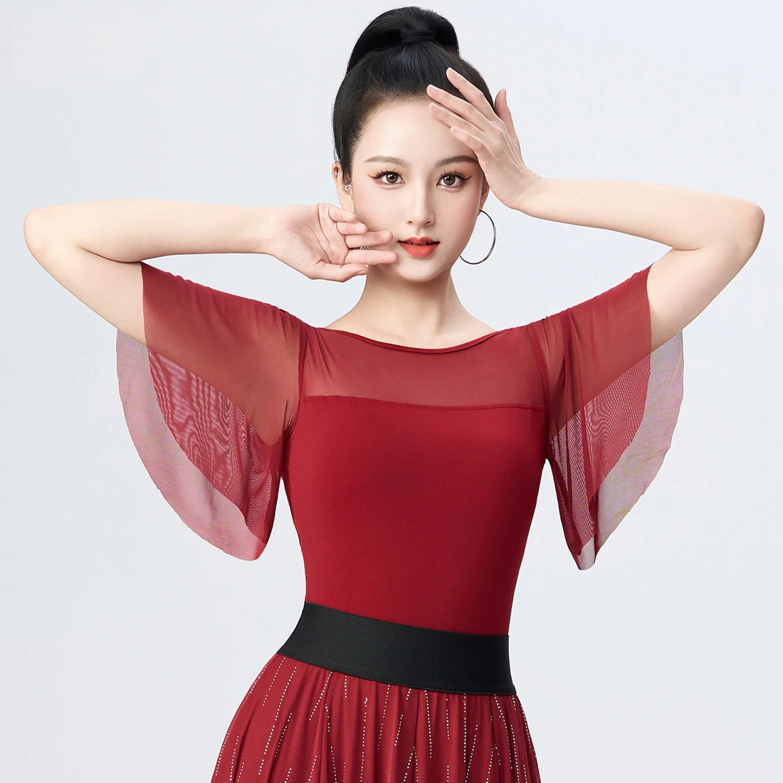

Latin Dance Top Women's New Mesh Flying Sleeves National Standard Dance Short-sleeved Modern Dance Practice Dance Jumpsuit