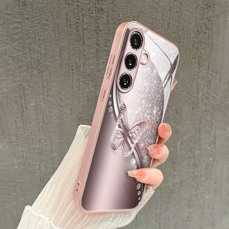 Pink diamond butterfly pattern glass phone case suitable for Samsung Galaxy S26 S25 S24 S22 S21 S20 FE/Ultra/Plus anti drop