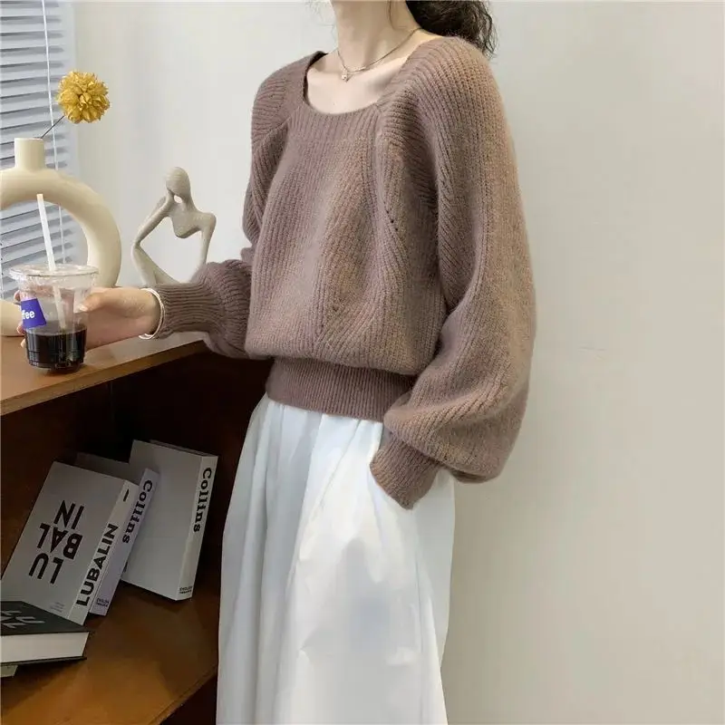 

Solid Color Inside Chic Top Women New Classic Square Collar Long Sleeve Knitting Shirt Loose Fashion Office Sweaters XQ275