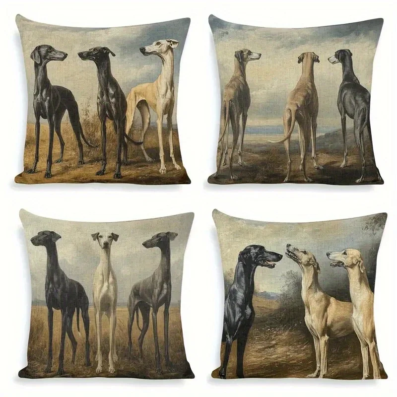 Vintage Dog Illustration Pillowcase Set 4pcs Rustic Canine Portrait Throw Cushion Covers for Dog Lovers Home Decor