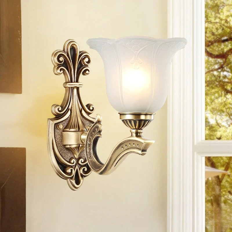

European-style Simple Copper Glass Wall Lamp Bedroom Bedside Lamp Living Room Background Wall Corridor Lighting Decoration