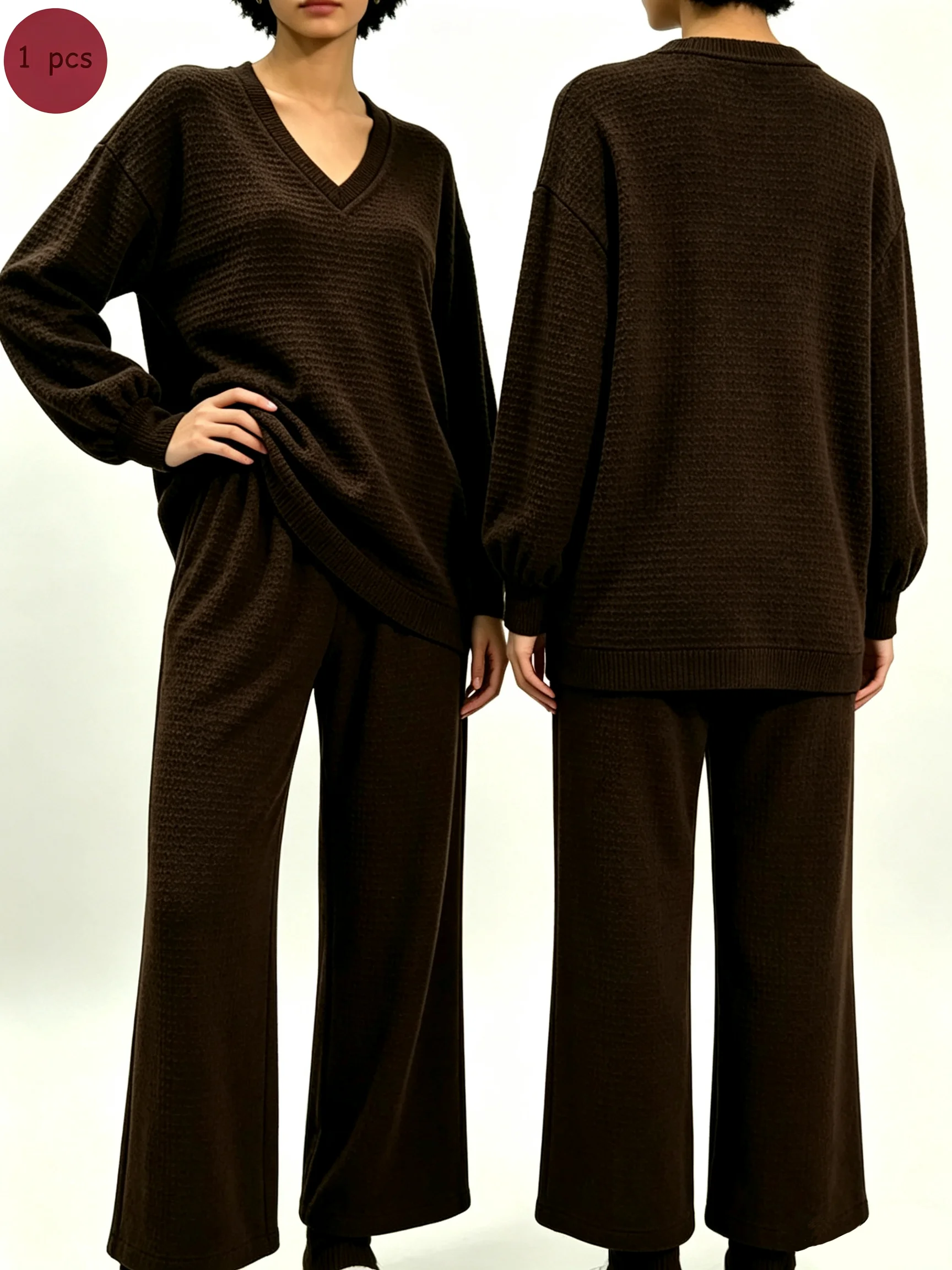 Women Solid Textured Knit 2‑Piece Outfit, V‑Neck Lantern Sleeve Top & Pocket Elastic Waist Wide Leg Pants Set