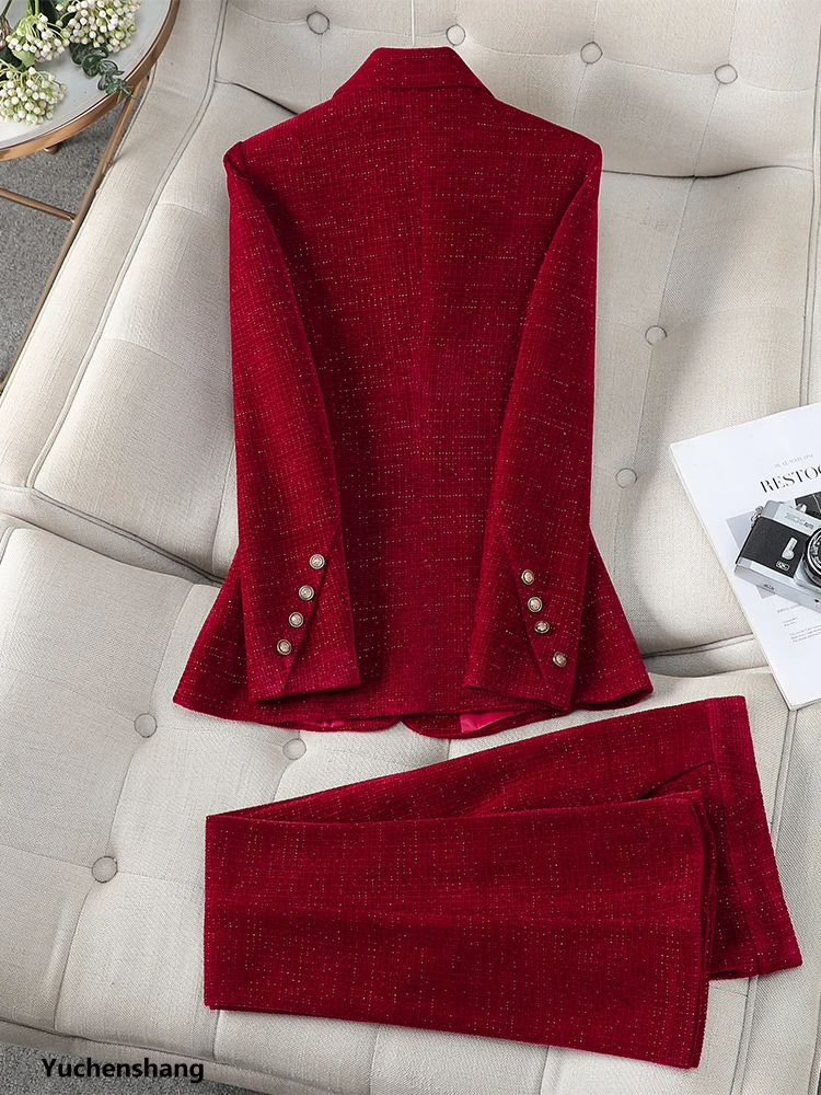 Costume pantalon pour femmes, ensemble 2 pièces pour travail d'affaires, rouge café noir, Blazer formel, veste et pantalon