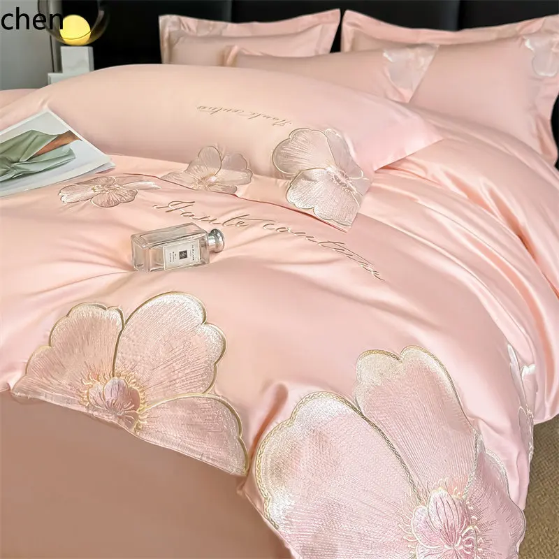 H1 high-end 160-count all-cotton four-piece set, pure cotton skin-friendly floral embroidered duvet cover bedding set