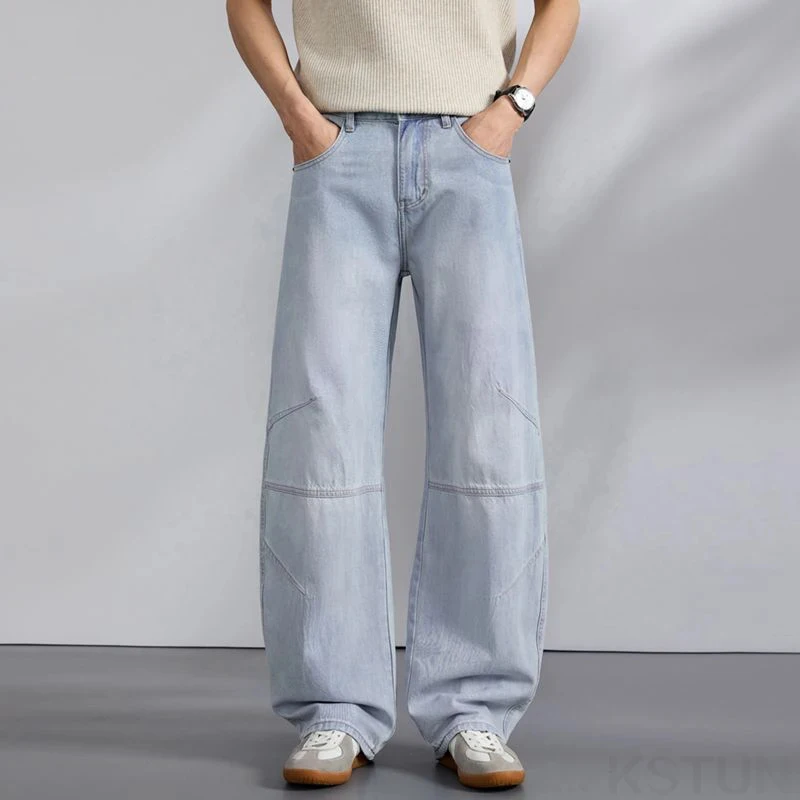 

2026 Summer Vintage Wide-leg Jeans Men loose Straight Men’s Curved Blade Pants Washed Patchwork Man Baggy Long Trousers