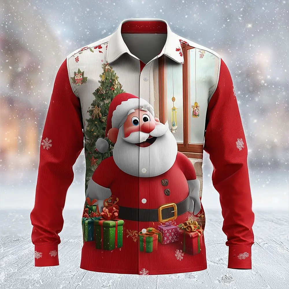 Christmas Men's Santa Claus Christmas Tree Snowflake Shirt Button Up Shirt Long Sleeve Funny Christmas Gifts Holiday Spring Fall