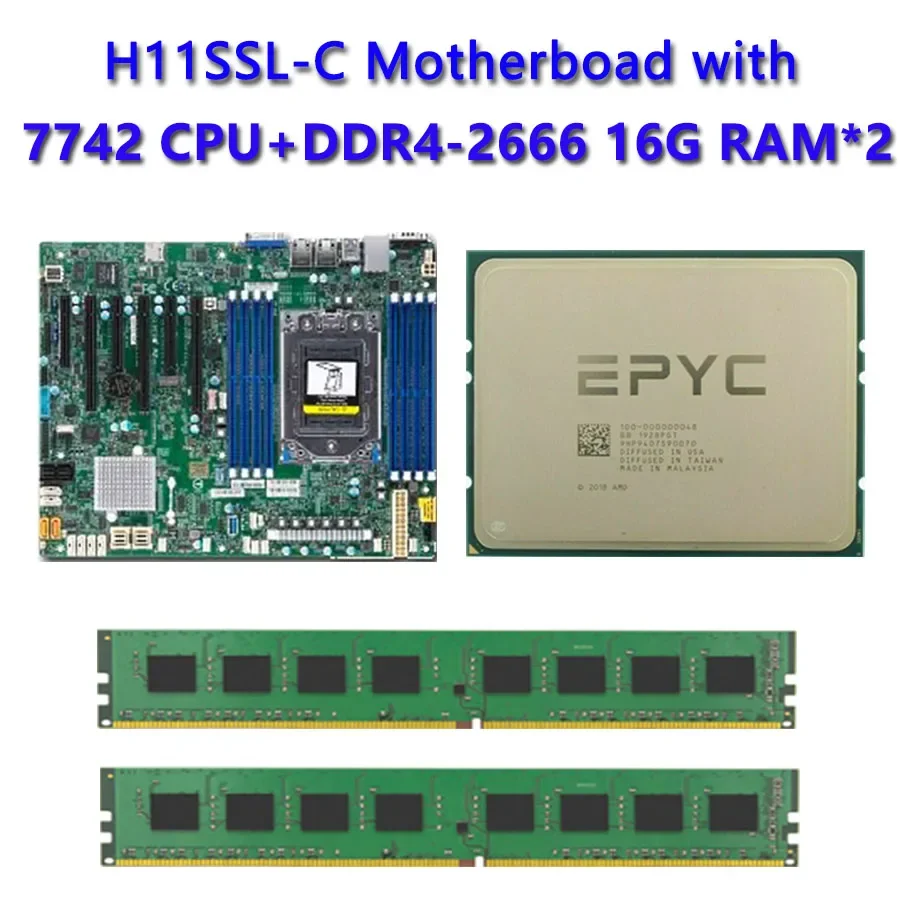 

H11SSL-C REV2.0 Motherboard Socket SP3 Cooler + EPYC 7742 64C/128T 180W TDP CPU Processor +2* 16GB =32GB DDR4 2666mhz RAM Memory