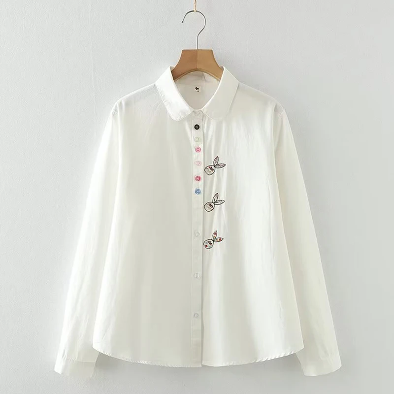 Nova primavera outono casual doce algodão topos roupas femininas coelho dos desenhos animados bordado camisa branca colorido botão blusas k122