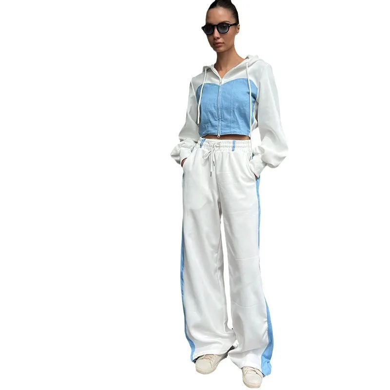 Two Piece Pant Set Women Full Sleeve Zipper Sweatshirts Hooded Casual Drawstring Long Pants Pockets Sweatshirt Suits Patchwork