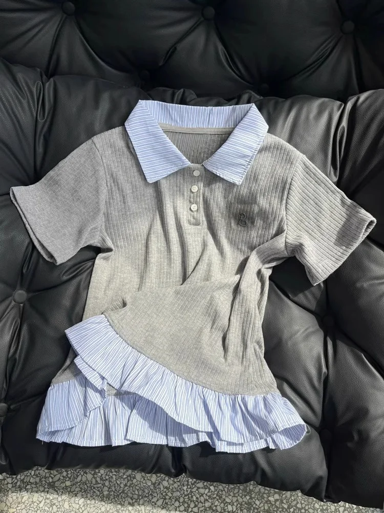 독특한 폴로 넥 반팔 티셔츠 여성용 슬림핏 순면 여름 착용 대학 스타일 독특한 디자인 땀 흡수성