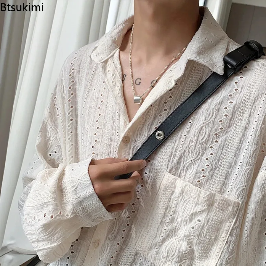 New Men's Personalized Shirts Men Handsome Lapel Blouse Vacation Hollow Out Sexy Fashion Clothing Male Mesh Long Sleeve Shirts