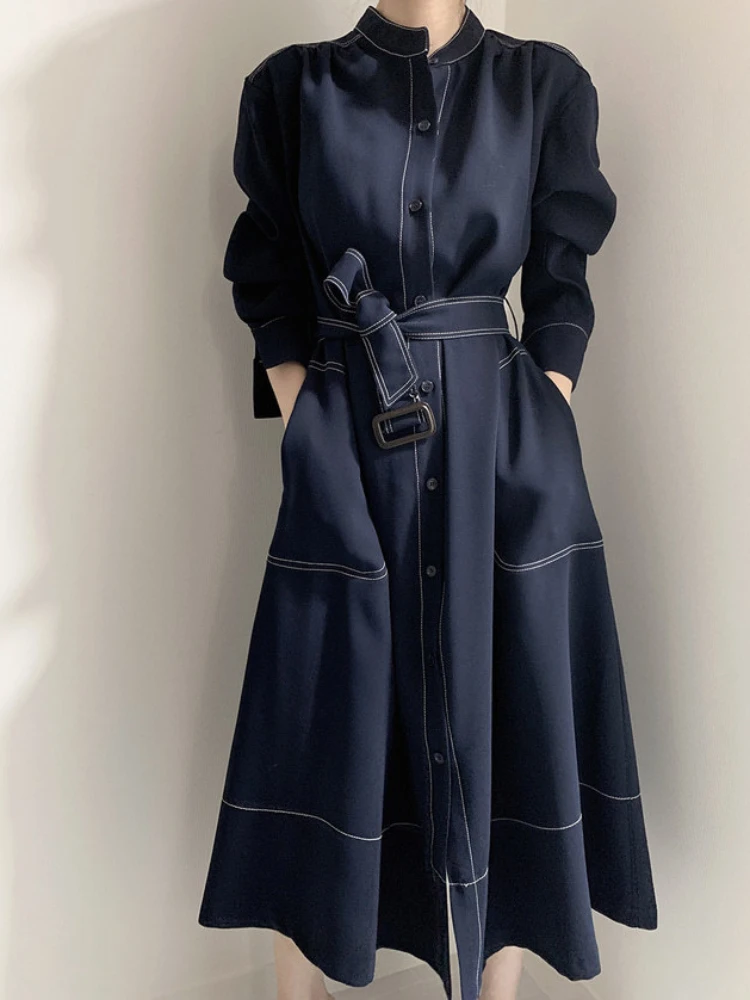 Autumn Dress 2023 Women Elegant Single Breasted Stand Collar Loose Trench Dresses Pockets Coats High Waist Long Vestidos Jackets