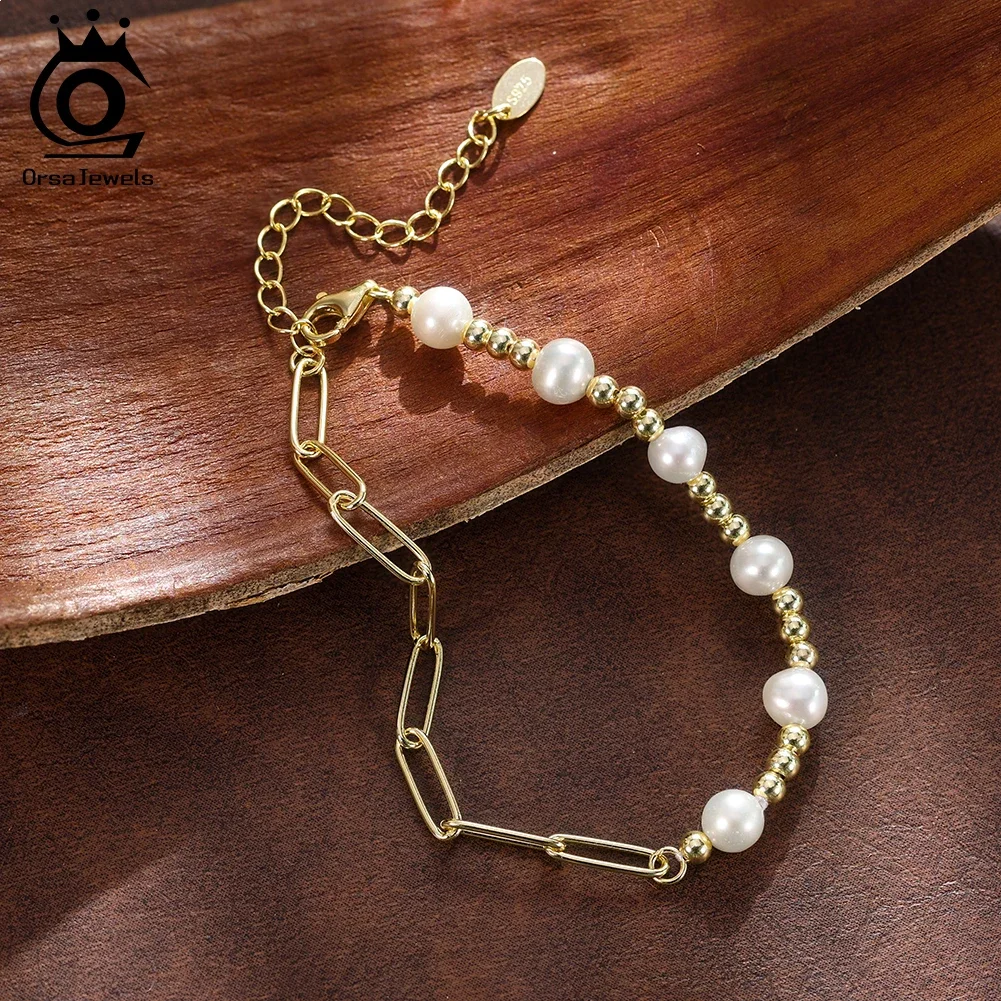 

ORSA JEWELS S925 Серебряные браслеты с пресноводным жемчугом и позолотой 14K для женщин, ювелирные изделия, подарок на день рождения, красивые классические украшения GPB48