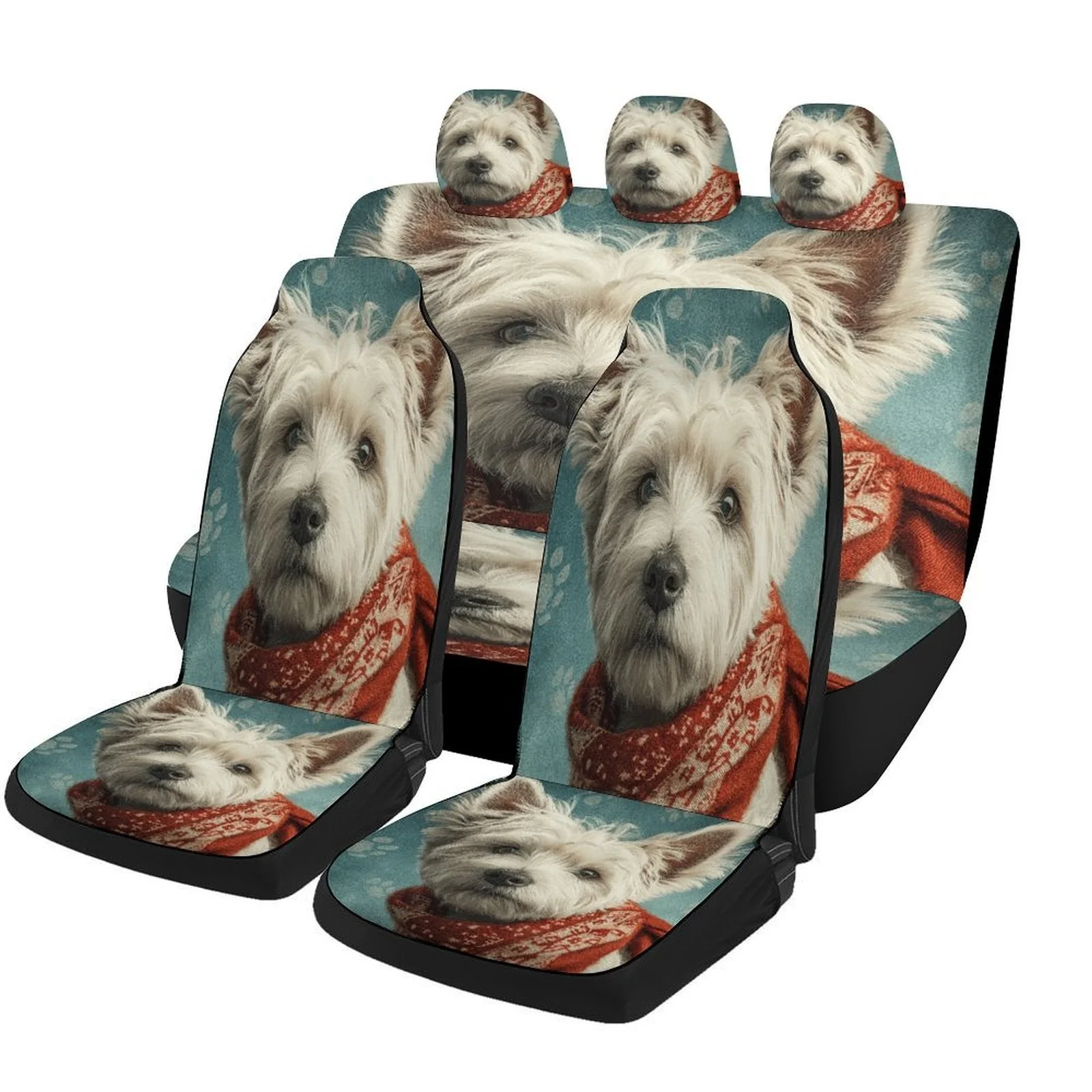 Set Of Car Seat Covers Featuring A Westie Dog Portrait, Suitable For Various Vehicles. These High-Quality, Comfortable Protector