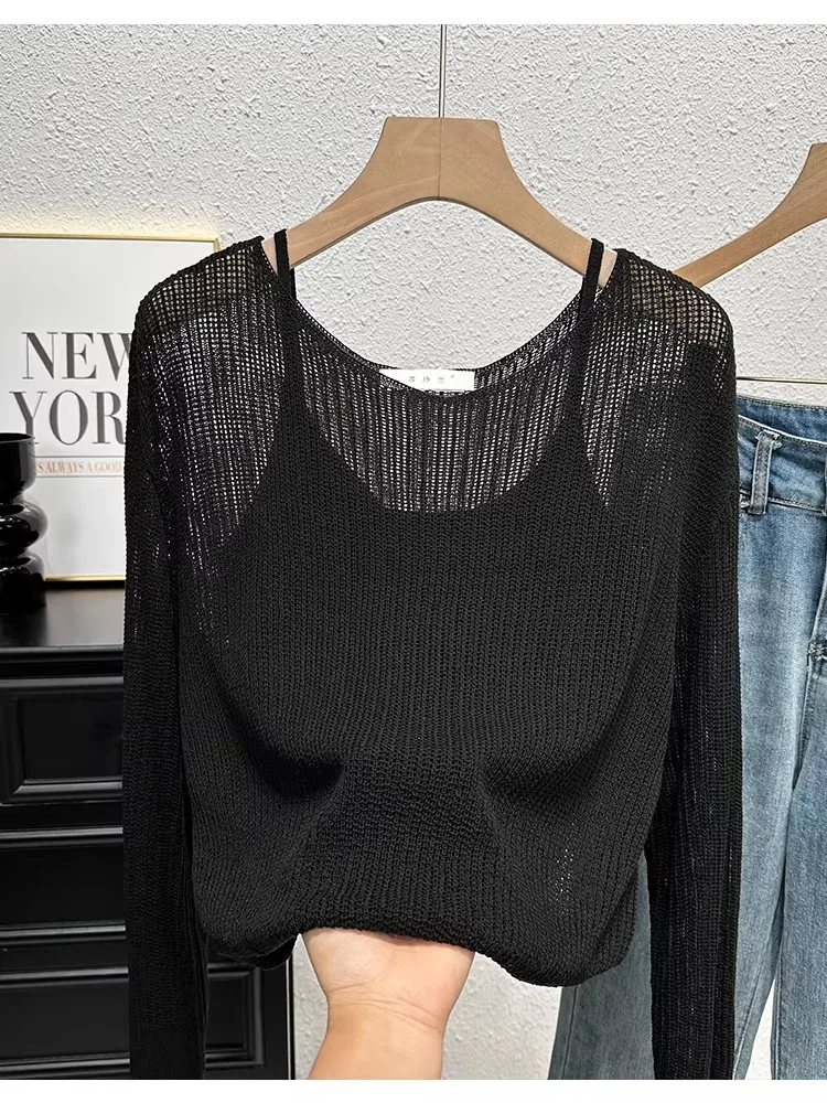 Ausgehöhlte Langarm-Strickbluse 2026 – Neues Sommer-Sonnenschutz-Cover-Up und figurfreundliches zweiteiliges Cami-Set – Detail 17