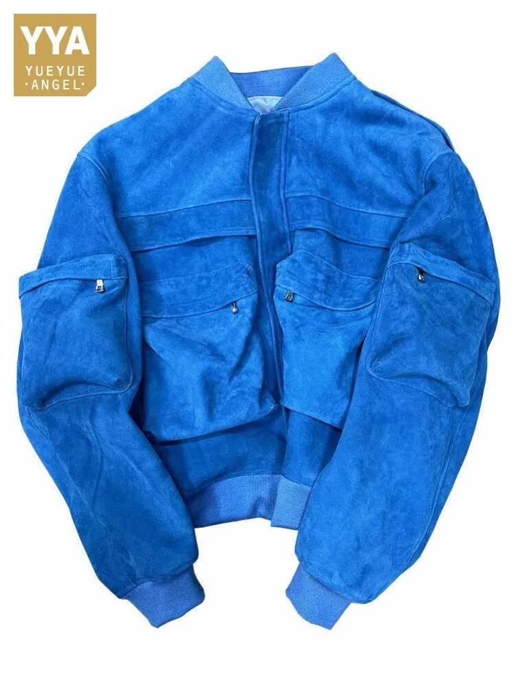 

Designer High Quality Genuine Leather Coat Men Fashion Blue Suede Sheepskin Bomber Jacket New Loose Fit Casual Cargo Outerwear