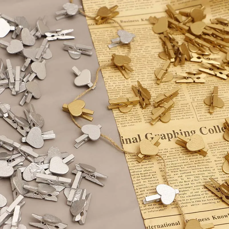 30x4mm 20pcs Wooden Gold Silver Love Heart Photo Clips Memo Paper Peg Clothespin Stationery Christmas Wedding Party Home Craft