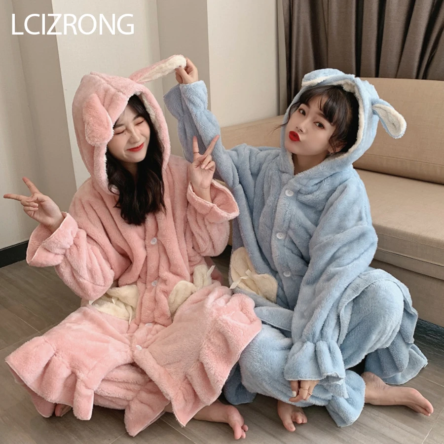 Winter Fashion Warm Thick Hooded Pajamas For Women Cute Ear Sweet Girl Loose Robes Long Pants Homewear Clothes Pijama Mujer