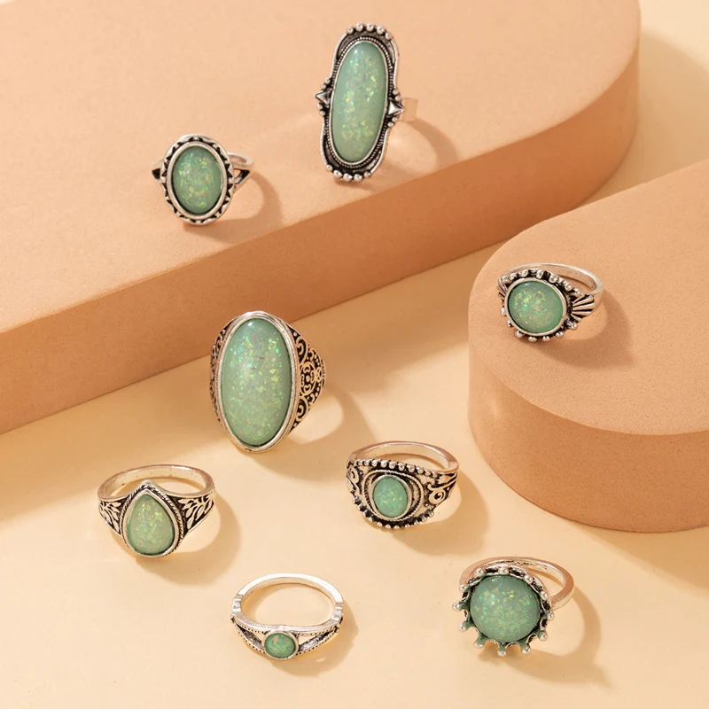 Tocona Vintage Antique Silver Color Rings Sets Colorful Opal Crystal Stone Carve for Women Men Bohemian Jewelry Anillos 6421