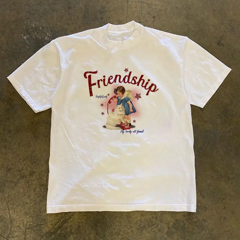 Pure Cotton Double Thread 3A260g Short Sleeve T-Shirt Loose Fit Retro American Style for Couples Women's Casual round Neck