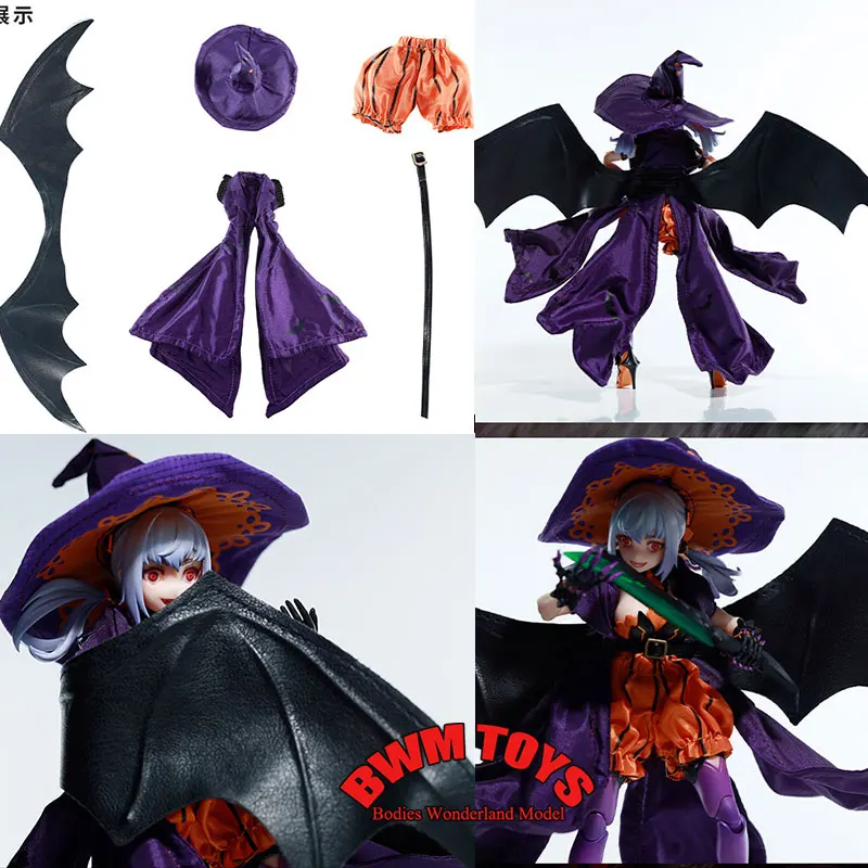

In Stock 1/12 Scale Mobile Suit Girl Witch Cloak Hat Wing Pumpkin Princess Clothes Set For 6'' Snail shell Action Figure Doll