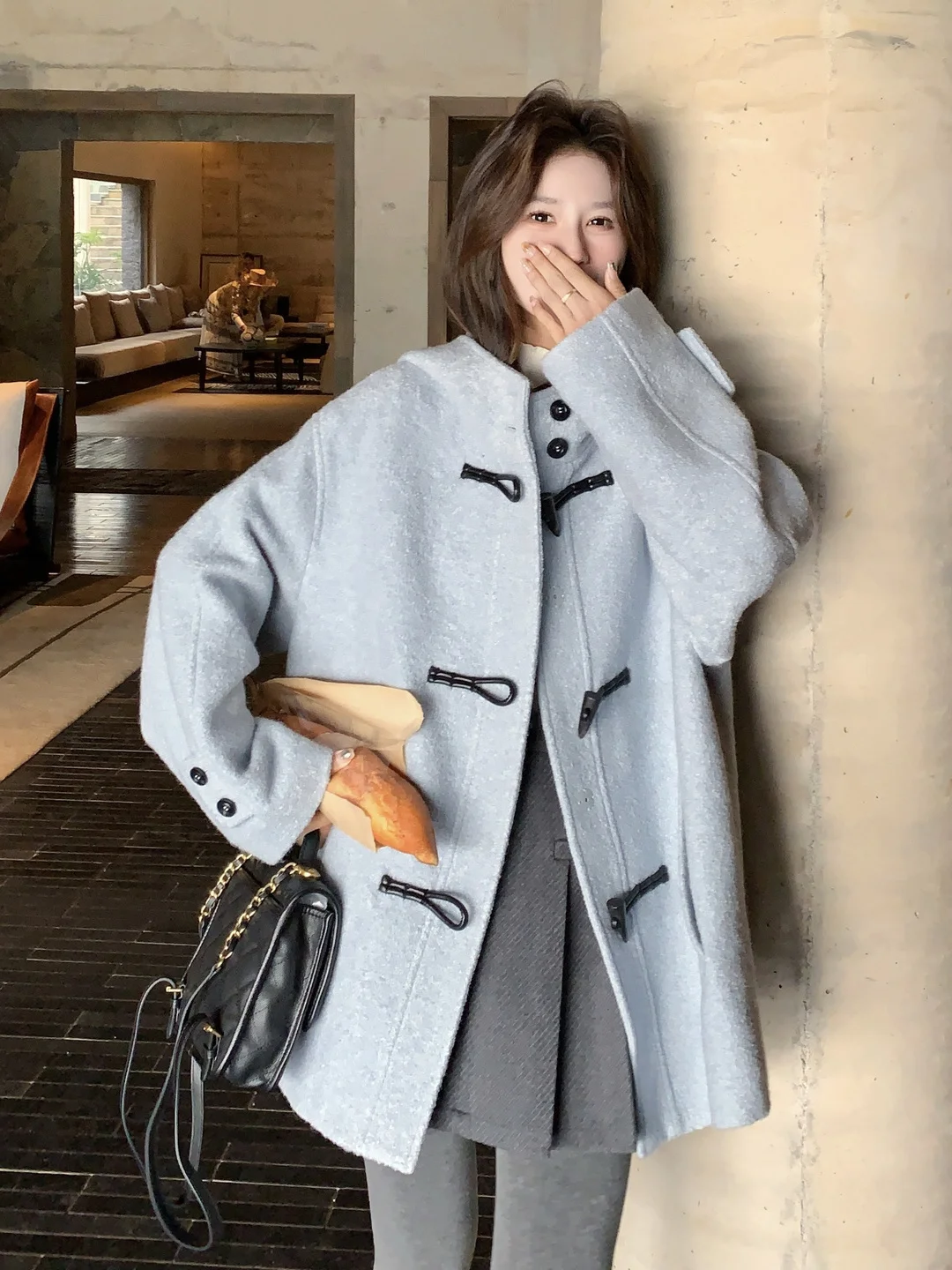 

Handmade Leather Buttoned Hooded Coat Women's Loose Slimming Autumn Winter New Style Woolen Outerwear Casual Loose Fit Coat