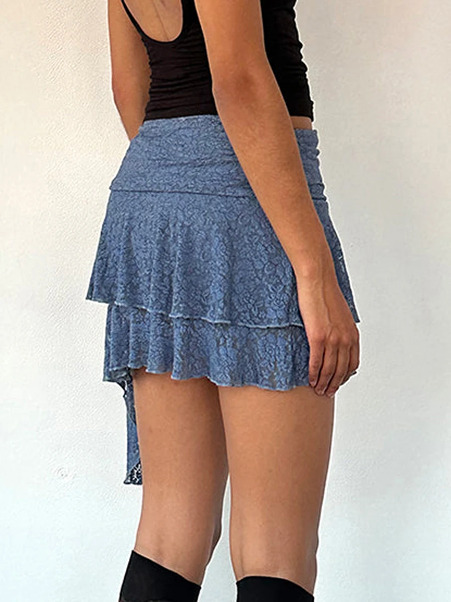 New Womens Lace Mini Skirt Lace Flower Embroidery Frill Layered Low Waist Irregular Hem Short Skirt For Party Club Night S M L