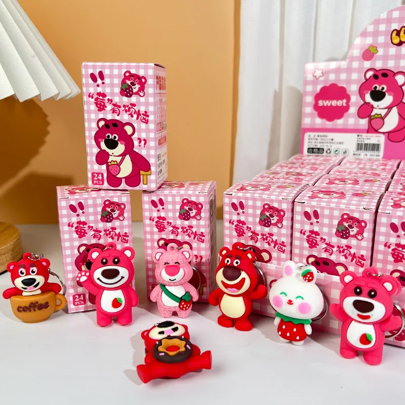 24pcs Lotso Strawberry Bear Blind Box Keychain Children\'S Festival Small Gift Cartoon Anime Trend Play Doll Pendant Wholesale