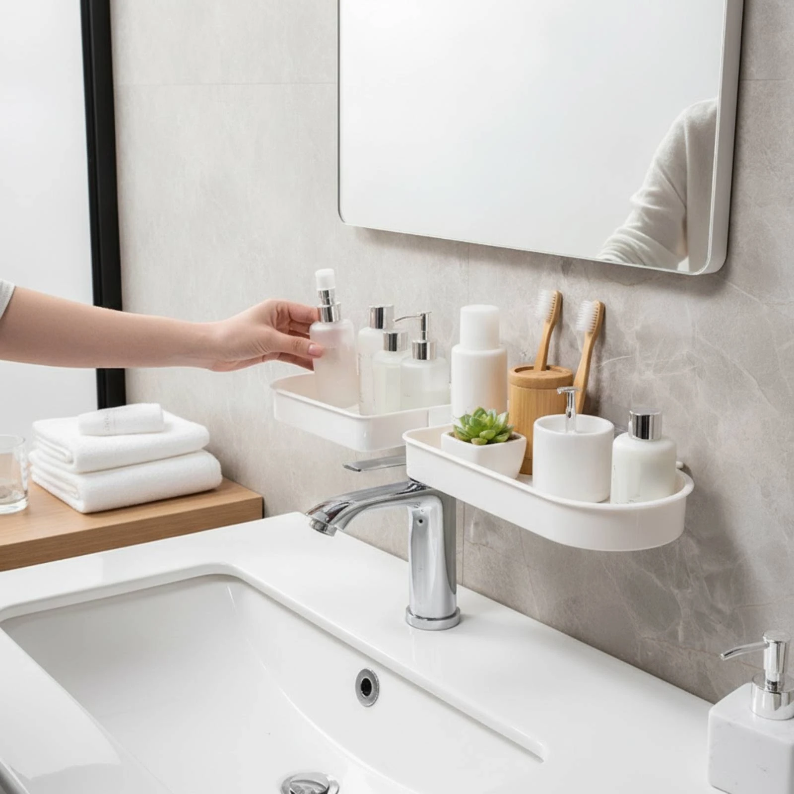 Bathroom Sink Storage Rack Quick-Draining over Faucet Storage Rack Wall-Mounted Sink Organizer Perforated for Washstand