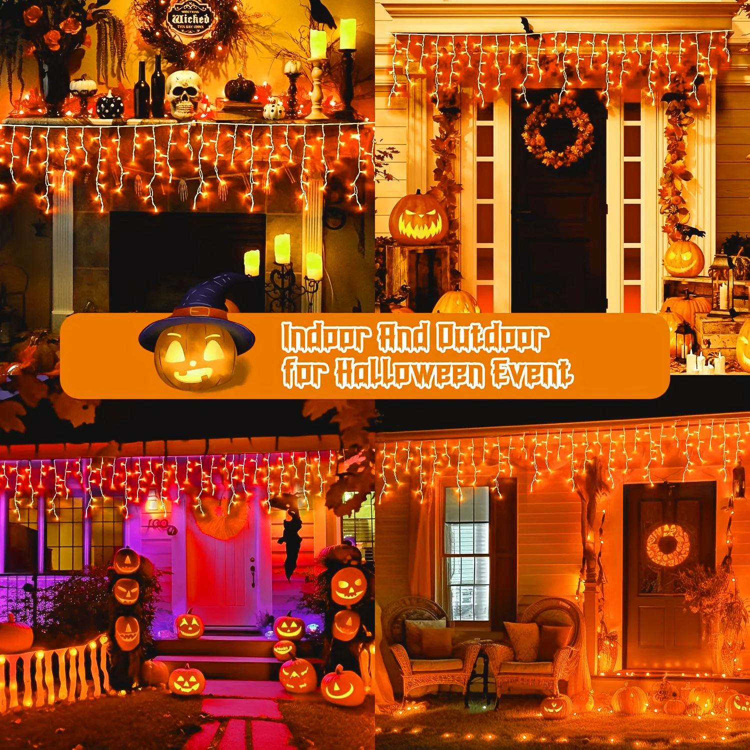 Halloween Icicle Lights, 8-mode Orange Purple lights Indoor and Outdoor, LED String Lights for Halloween Party Decoration