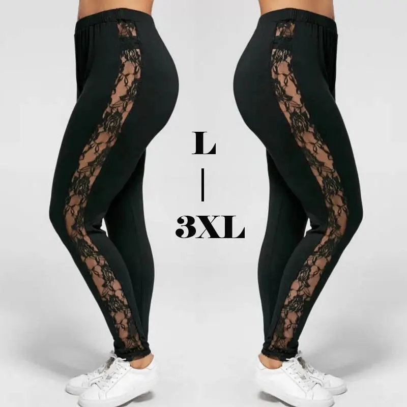 Women\'s Ladies Floral Lace High Waist Pants Side Panel Cut Out Black Leggings Plus Size Ladies Clothes Patchwork Trousers