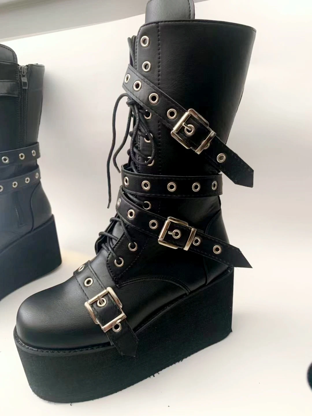 Women Goth Winter 39 Studded Punk Chunky Knee High Heels Round Head Platform Leather Y2k Boots Ladies Shoes On Offer