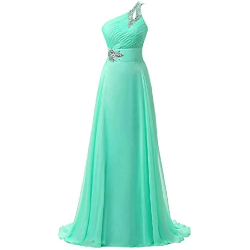 

Women One Shoulder Chiffon Crystal Bridesmaid Dress Long Elegant Chic Formal Wedding Party Robe Prom Gown Evening Photo Elbise